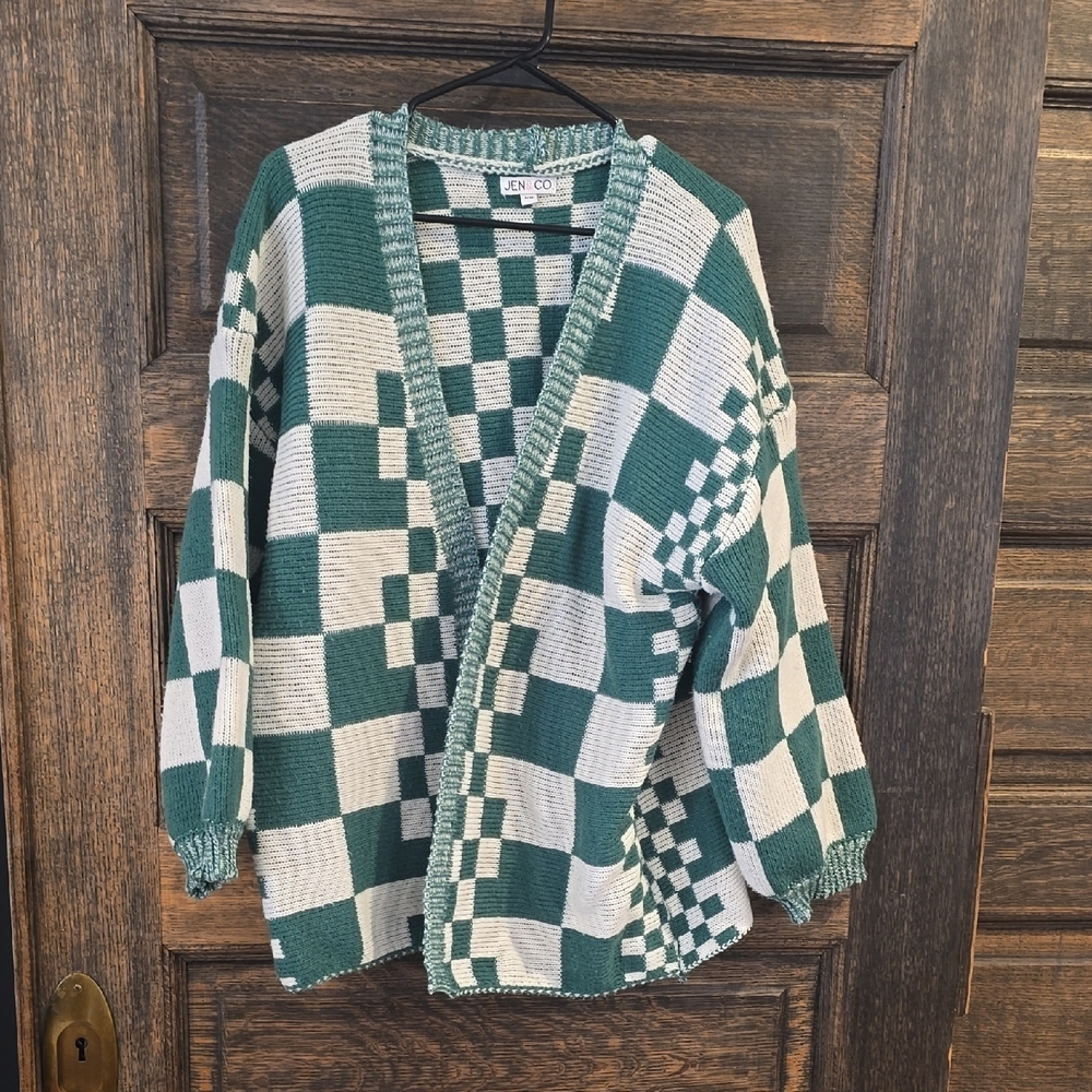 Green and White Checkered Cardigan